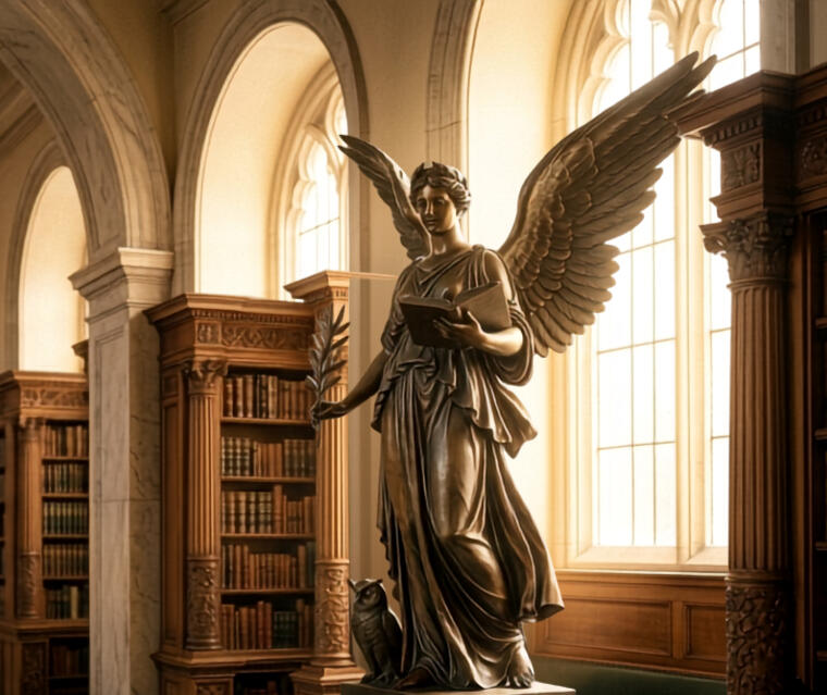 The Temple of the Tenets: Doctrine of Wisdom Classical bronze statue of a winged figure holding a book with an owl nearby, inside a grand library, representing the Temple of the Tenets' commitment to reason and wisdom.