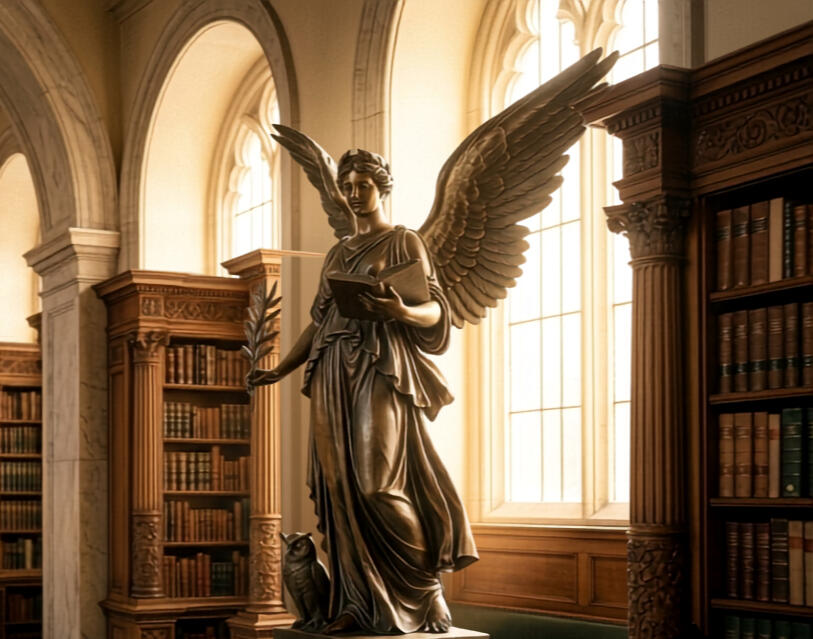 The Temple of the Tenets: Doctrine of Wisdom Classical bronze statue of a winged figure holding a book with an owl nearby, inside a grand library, representing the Temple of the Tenets' commitment to reason and wisdom.